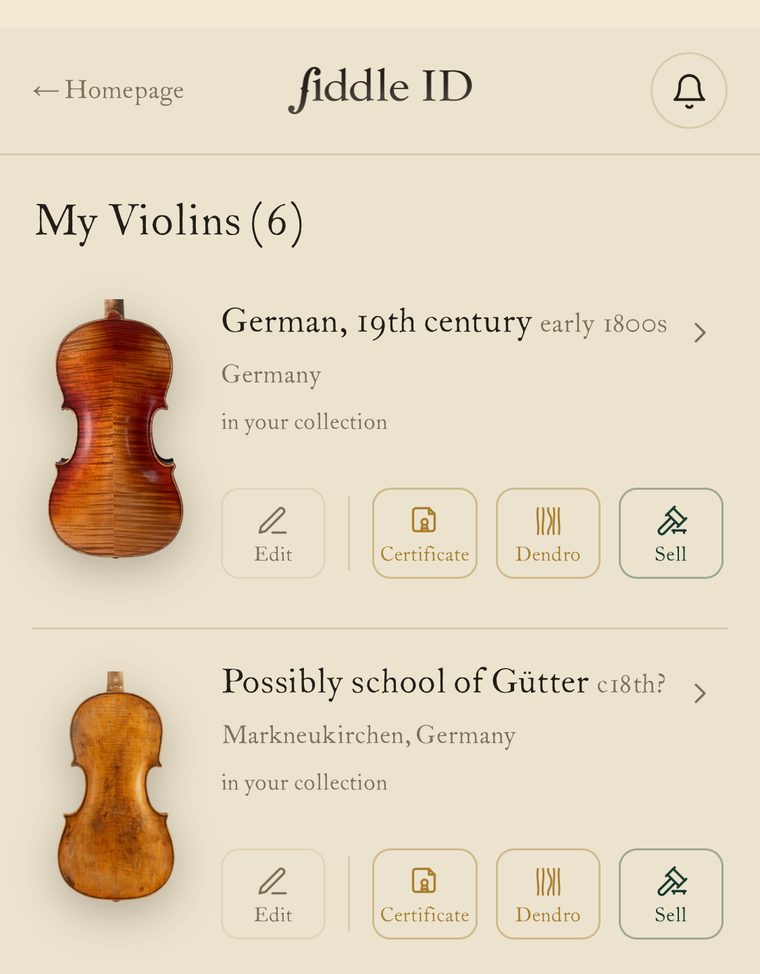 A collection of six violins in Fiddle ID