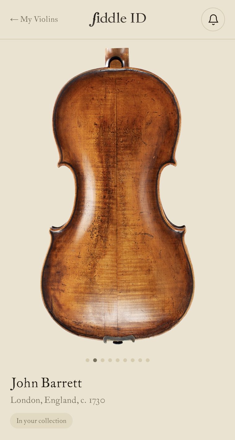 One violin's record, with its photographs and description